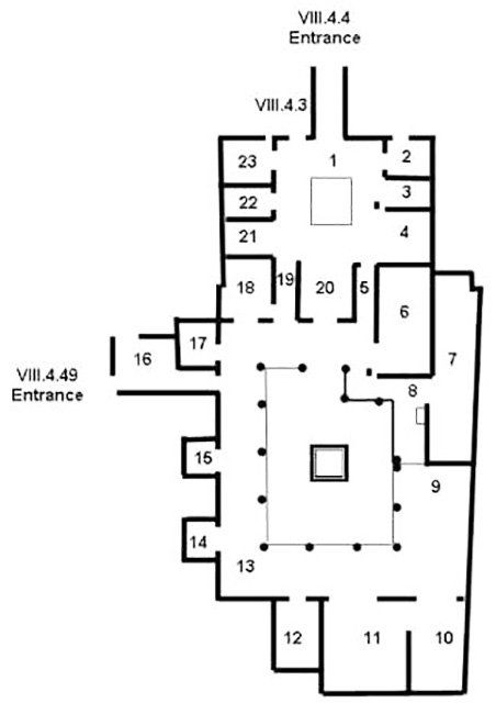 VIII.4.4 plan VIII.4.4 Pompeii. Domus M. Holconi Rufi or House of Holconius Rufus.
Room Plan