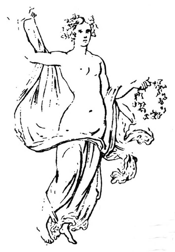 VIII.4.4 Pompeii. Entrance corridor or fauces. 1861 drawing of floating figure carrying a wreath of ivy.
Now in Naples Archaeological Museum. Inventory number 9149.
See Giornale di Scavi 1861, Tav. III no. 1.
See Richardson, L., 2000. A Catalog of Identifiable Figure Painters of Ancient Pompeii, Herculaneum. Baltimore: John Hopkins. (p.156)
See Helbig, W., 1868. Wandgemälde der vom Vesuv verschütteten Städte Campaniens. Leipzig: Breitkopf und Härtel, 1909.