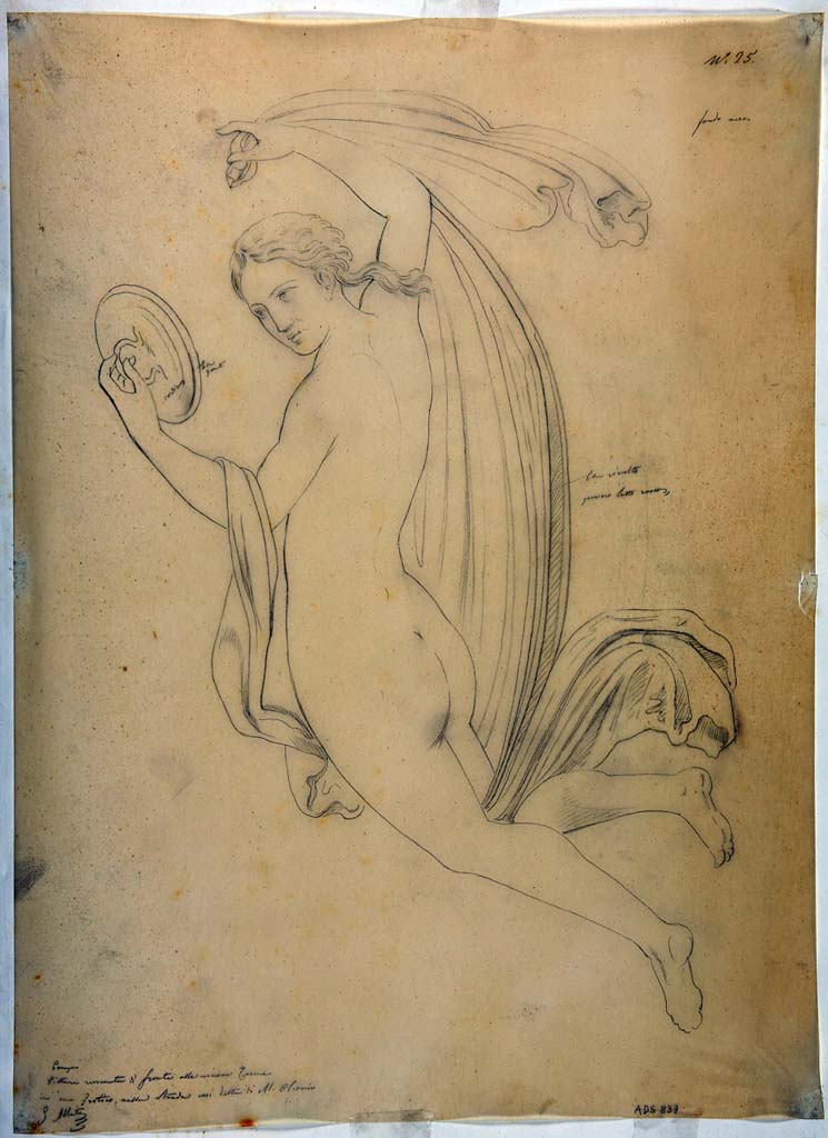 VIII.4.4 Pompeii. Entrance corridor or fauces. Pre-1849 drawing by G. Abbate of floating figure carrying a mirror.
According to the ICCD Scheda, "Il disegno raffigura la vignetta che decorava una parete del vestibolo 1 della Casa di Holconius Rufus a Pompei (VIII 4, 4), staccata e conservata al Museo Archeologico Nazionale di Napoli".
Now in Naples Archaeological Museum. Inventory number ADS837.
Photo © ICCD. http://www.catalogo.beniculturali.it
Utilizzabili alle condizioni della licenza Attribuzione - Non commerciale - Condividi allo stesso modo 2.5 Italia (CC BY-NC-SA 2.5 IT)