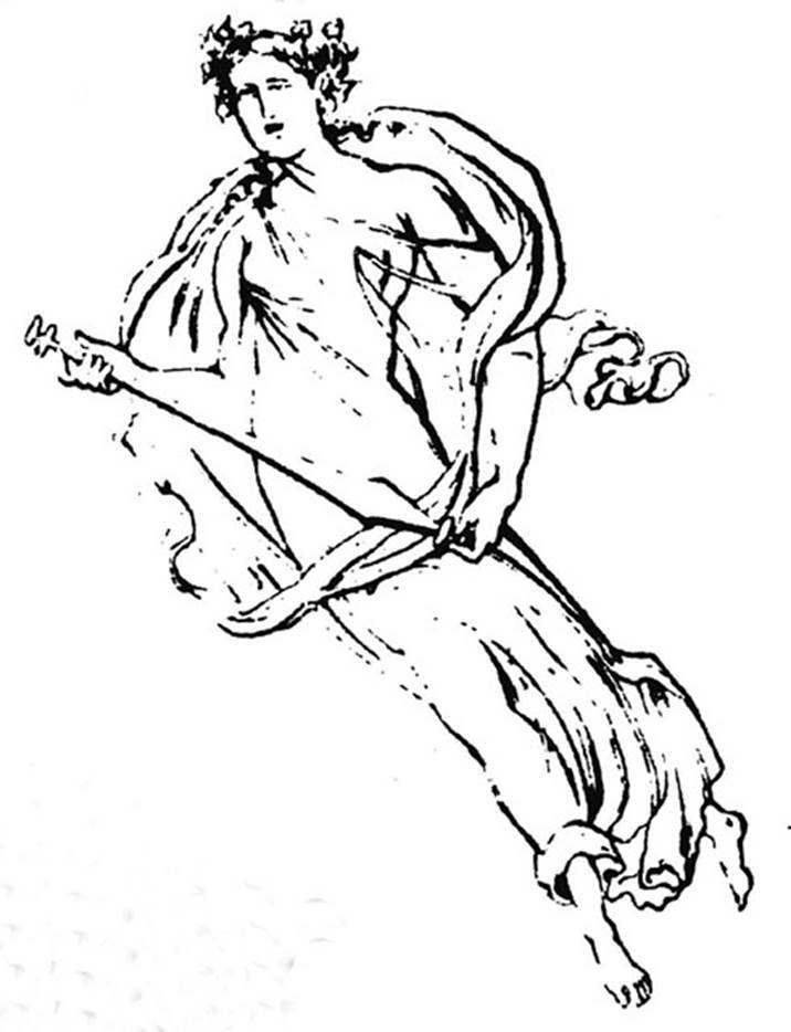 VIII.4.4 Pompeii. Entrance corridor or fauces. 1861 drawing of floating figure carrying the baetylus sceptre of Venus.
Now in Naples Archaeological Museum. Inventory number 9300.
See Giornale di Scavi 1861, Tav. III no. 4.
See Richardson, L., 2000. A Catalog of Identifiable Figure Painters of Ancient Pompeii, Herculaneum. Baltimore: John Hopkins. (p.156)
See Helbig, W., 1868. Wandgemälde der vom Vesuv verschütteten Städte Campaniens. Leipzig: Breitkopf und Härtel, 1920.