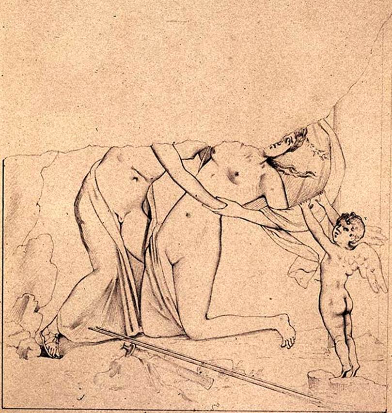 VIII.4.4 Pompeii. Room 4, east wall. 19th century drawing by A. Aureli of painting of Apollo and Daphne with Eros.
Photo © Deutsches Archäologisches Institut, Abteilung Rom, Arkiv.