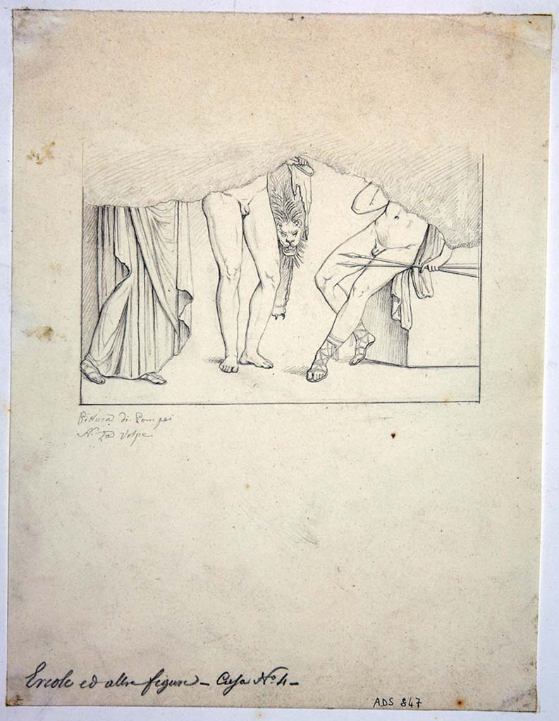 VIII.4.4 Pompeii. Room 4, south wall.
Drawing by Nicola La Volpe, of painting of Hercules between Alcestis and Admetus from centre of south wall.
Now in Naples Archaeological Museum. Inventory number ADS 847.
Photo © ICCD. http://www.catalogo.beniculturali.it
Utilizzabili alle condizioni della licenza Attribuzione - Non commerciale - Condividi allo stesso modo 2.5 Italia (CC BY-NC-SA 2.5 IT)