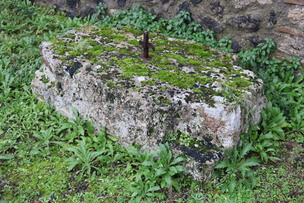 VIII.4.12 Pompeii. December 2018.
Detail of large stone used as base for an arca, near south wall of peristyle. Photo courtesy of Aude Durand.
Description by Niccolini, but see also VII.2.18 –
12/13. Shops, from one of which one enters into an atrium with two rooms on the left, of which one used as a cupboard was next to the steps to the upper rooms, very worn out by use: then comes a corridor with the kitchen on one side and the store-cupboard on the other, and then follows an area surrounded by a portico, under which there are two other rooms, a cupboard, a repository, and in front of the aforementioned corridor two spacious triclinia, with an adjacent room: leaning against the pillar that divided the entrance doorways of the two triclinia was the iron arca (money-chest). In the area, seven dolia, a marble monopodium and a masonry basin are buried in the soil.
See Niccolini F, 1862. Le case ed i monumenti di Pompei: Volume Secondo. Napoli, (Descrizione Generale, p. 67, and Tav. XXXIII below).