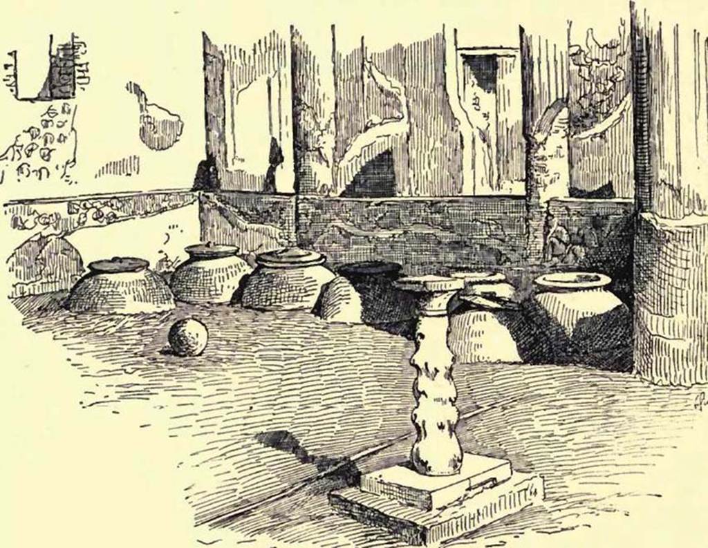 VIII.4.12 Pompeii. Looking east across garden/portico.
This drawing by Pierre Gusman is described as a “Storeroom”.
He says – “Some wine-merchants and other dealers simply planted their dolia in the soil of their gardens”.
See Gusman, P. (1900). Pompei, the city, its life and art. London, William Heinemann. (p.287).