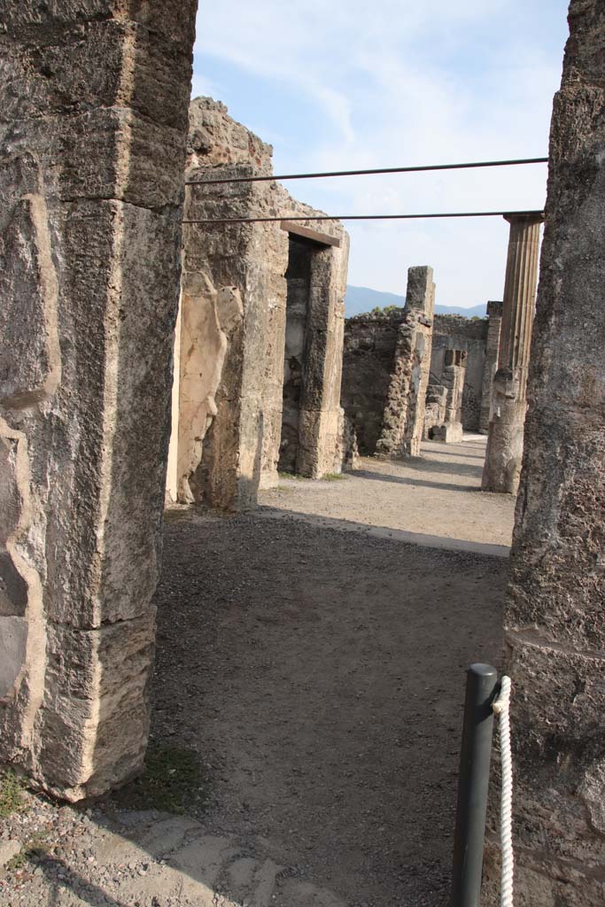 VIII.4.15 Pompeii. September 2021.
Room 5, oecus. Looking south from doorway, onto east portico of garden. Photo courtesy of Klaus Heese.