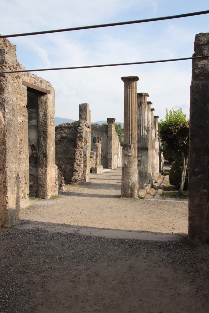 VIII.4.15 Pompeii. September 2021.
Room 5, oecus. Looking south from doorway, onto north and east portico of garden. Photo courtesy of Klaus Heese.