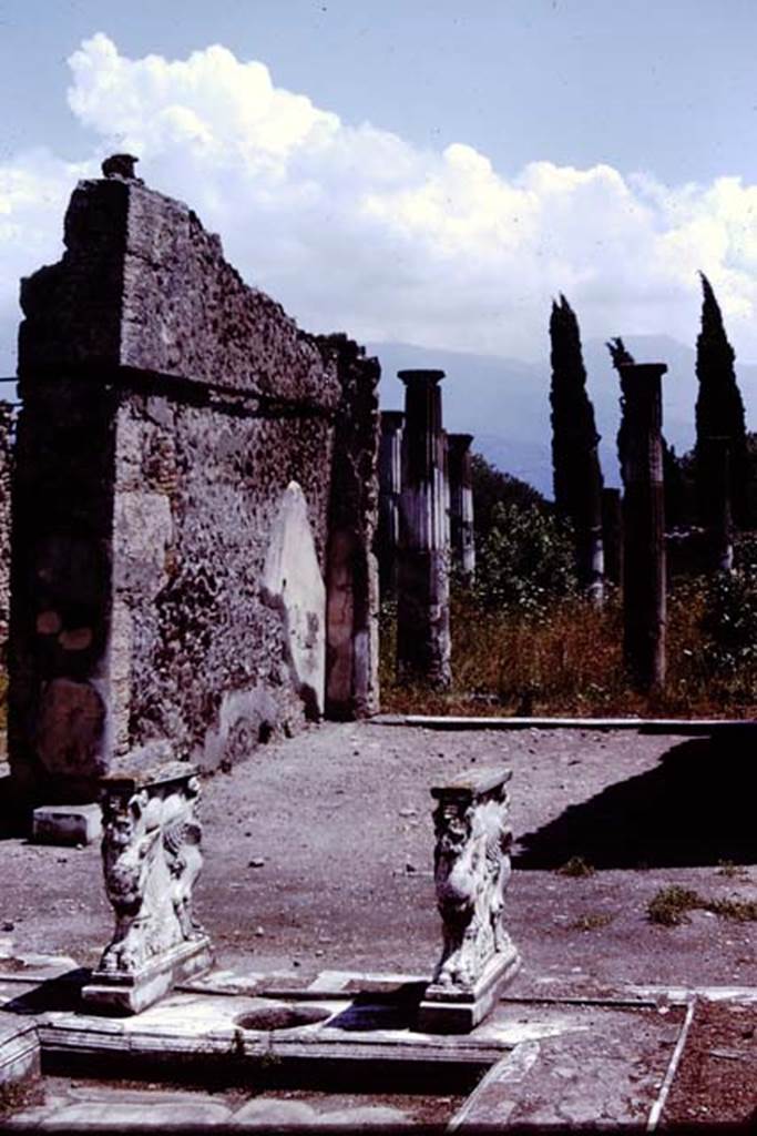 VIII.4.15 Pompeii. 1966. Looking south across impluvium towards east wall of tablinum.
Photo by Stanley A. Jashemski.
Source: The Wilhelmina and Stanley A. Jashemski archive in the University of Maryland Library, Special Collections (See collection page) and made available under the Creative Commons Attribution-Non Commercial License v.4. See Licence and use details.
J66f0576