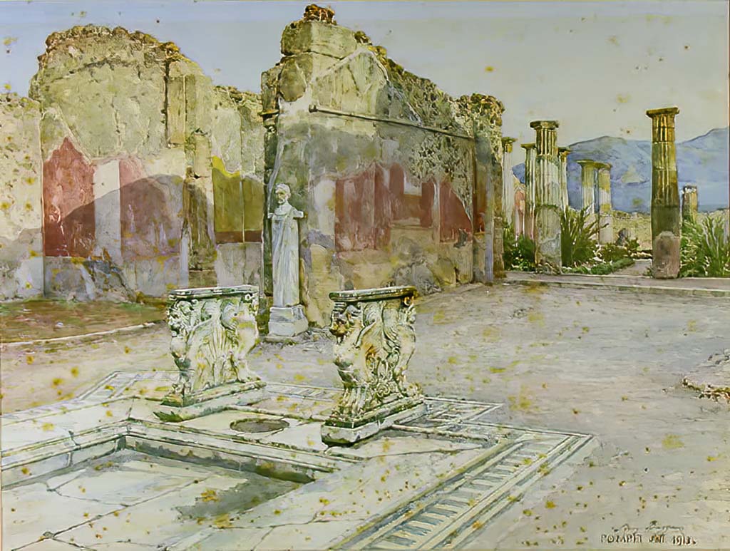 VIII.4.15 Pompeii. 1913. Watercolour by Luigi Bazzani from atrium of House of Cornelius Rufus.
Looking south across impluvium in atrium towards east wall of tablinum.