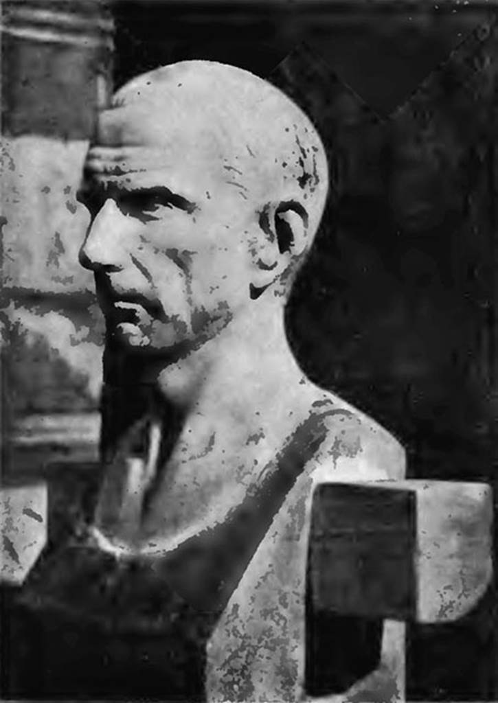 VIII.4.15 Pompeii. Old undated photo of herm of Cornelius Rufus.
The name of the owner was known from the dedication on the herm.
This herm was found in the atrium, on the left side of the tablinum, with the words C. Cornelio Rufo (C.X.864)
See Della Corte, M., 1965. Case ed Abitanti di Pompei. Napoli: Fausto Fiorentino. (p.238)