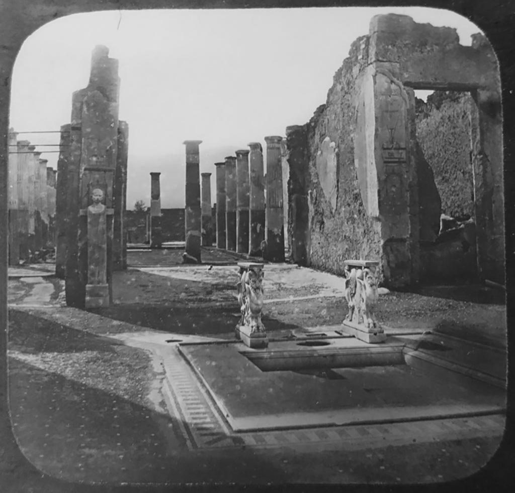 VIII.4.15 Pompeii. c.1900.
C. and G. Lantern slide published by A. Laverne. Looking south-west across impluvium towards west wall of tablinum.