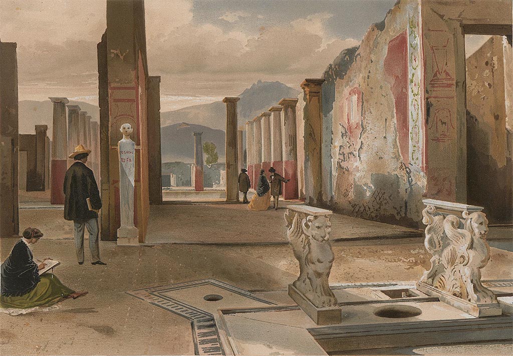 VIII.4.15 Pompeii. Pre-1862.
Painting by G. Gigante published by Niccolini, looking from atrium towards west wall of tablinum and through to peristyle.
See Niccolini F, 1862. Le case ed i monumenti di Pompei: Volume Secondo. Napoli, Tav. XXV.
