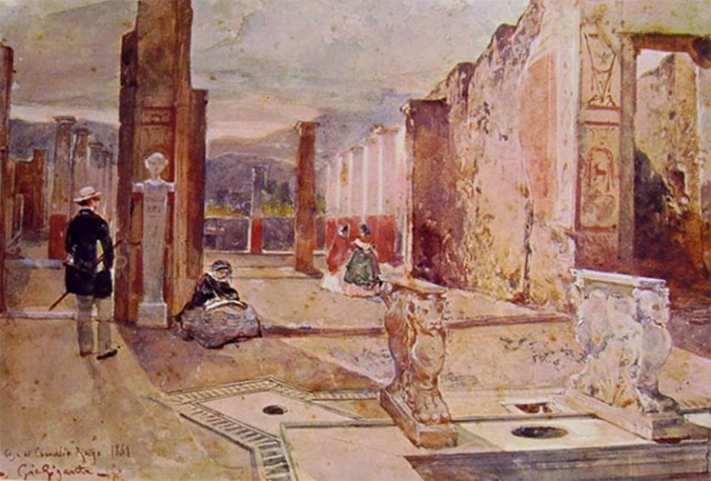 VIII.4.15 Pompeii. 1861 painting by G. Gigante looking from atrium through the tablinum to the peristyle.
Looking south from atrium towards tablinum.