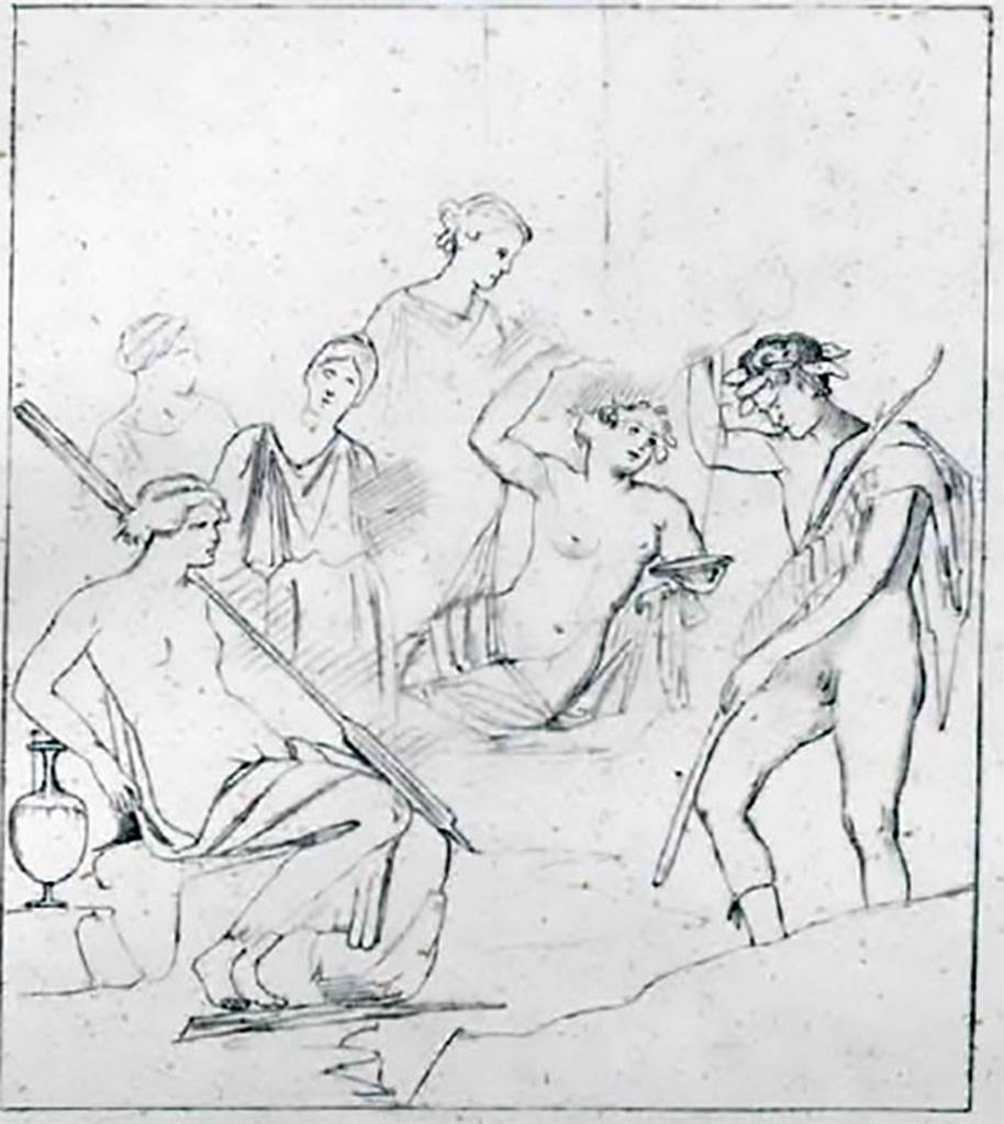 VIII.4.15 Pompeii. 1868. Room 6, tablinum. Copy by Helbig of painting of a local Sarnus Valley myth from room.
On the left a woman sits next to a hydria or water jar. On her left shoulder is a rudder.
In the middle sits a second woman and between these two women water is flowing.
On the right stands a brown male figure with a crown of ivy.
At the rear are the faded images of three women.
See Helbig, W., 1868. Wandgemälde der vom Vesuv verschütteten Städte Campaniens. Leipzig: Breitkopf und Härtel, 1020, Taf. XII.
