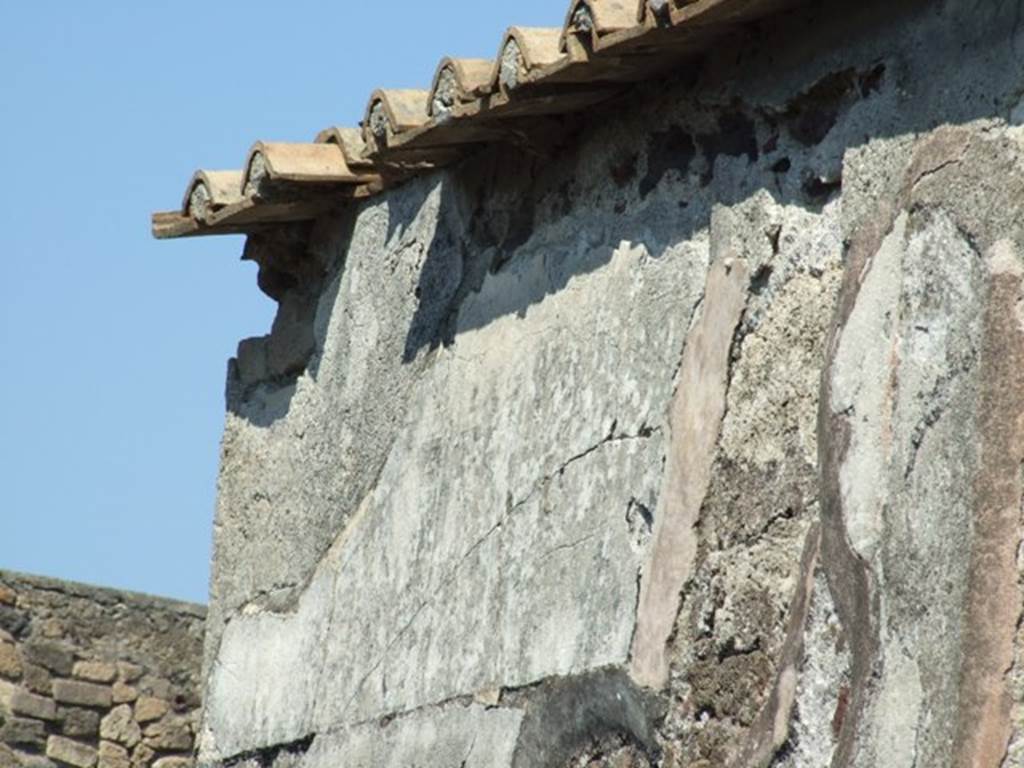 VIII.4.15 Pompeii. March 2009. Upper section of remains of plaster on East wall of entrance fauces.