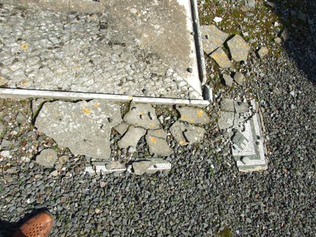 VIII.4.15 Pompeii. March 2009. Room 1, atrium. Corner of impluvium, with remains of mosaic, in south-west corner. Note the beautiful mosaic edge to the impluvium shown in the old photos in Part 3.