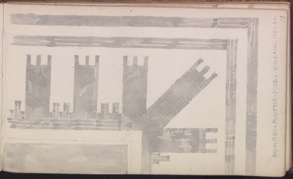 VIII.4.15 Pompeii. Between 1891 and 1895.
Painting by Johannes Magdahl Nielsen (1862-1941) showing detail of impluvium surround in Room 1, atrium.
See Johannes Magdahl Nielsen (1862-1941), Rejseskitser, Tyskland, Italien, skitsebog fra 1891 og 1895, pl. 39.
Photo © Danmarks Kunstbibliotek, inventory number 53802. Download sketchbook
