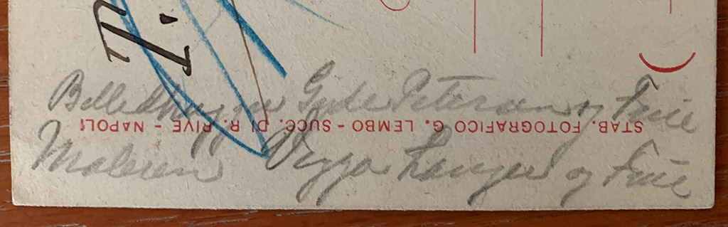 Note on the side of the front of the 1899 postcard which appears to identify the people in the drawing.
The phrase on the left-hand side of the address side “Billedhugger Gyde Petersen og Frue” translates as “The sculptor Gyde Petersen and wife”.
Hans Gyde-Petersen was baptised 26th December 1862 as Hans Gyde Pedersen but later changed his name to Hans Gyde-Petersen.
His sculpture won him a grant to study in Italy from 1897 to 1899.
During these years in Italy, he turned his back on a promising career as a sculptor and returned to his first love of landscape painting.
He was part of the Skagen artists group on the northern tip of Denmark.
He was knighted by the Danish King in 1910.
He died in Denmark in 1943.
Underneath is what looks like: "Maleren Viggo Langer og Frue” (the painter Viggo Langer and wife).
Viggo Langer was a Danish artist.
Born Viggo Hansen on Nov. 11th 1860 in Reudnitz (by Leipzig, Germany), died Oct.11 1942 in Rungsted, Denmark.
His father was Danish and moved the family back to Copenhagen in 1864.
He adopted his mother's family name Langer in 1885 to avoid confusion with another painter, an artist known as Viggo Hansen.
At auction on October 2, 1998 was a signed painting of his titled “Aftenstemning ved Pompeij (Evening scene in Pompeii)” on which are the words "Pompeij 1899", which would seem to confirm his presence at the time of this postcard.
Who drew the sketch is not known but possibly it was another Danish artist who was in Italy in 1899?