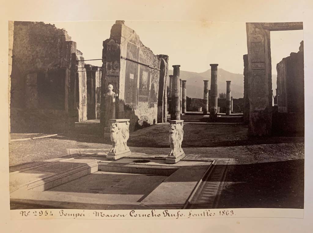 VIII.4.15 Pompeii.
From an album of Michele Amodio dated 1874, entitled “Pompei, destroyed on 23 November 79, discovered in 1745”.
Room 1, looking south across impluvium in atrium. Photo courtesy of Rick Bauer.