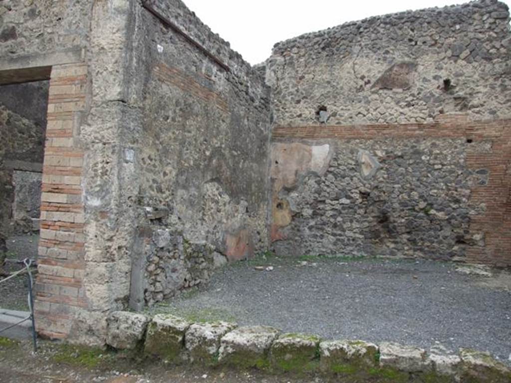 VIII.4.25 Pompeii. December 2007. South wall of shop. According to Breton, on the pilaster opposite the prothyron of I.4.5 at Via Stabiana 109, the following inscription was found:
Q. POSTVMIVM PROCVLVM AED.
PRISCVM ROGAT CRISPVS
(Crispus wants Q. Postumius Proculus Priscus as aedile).
He also said nearly all the walls of the street were covered with invocations of this genre; many of them offered the name of Holconius Rufus, found reproduced on many walls in Pompeii.
See Breton, ’Ernest. Pompeia, Guide de visite a Pompei, 3rd ed. (1870) Chapter 8.