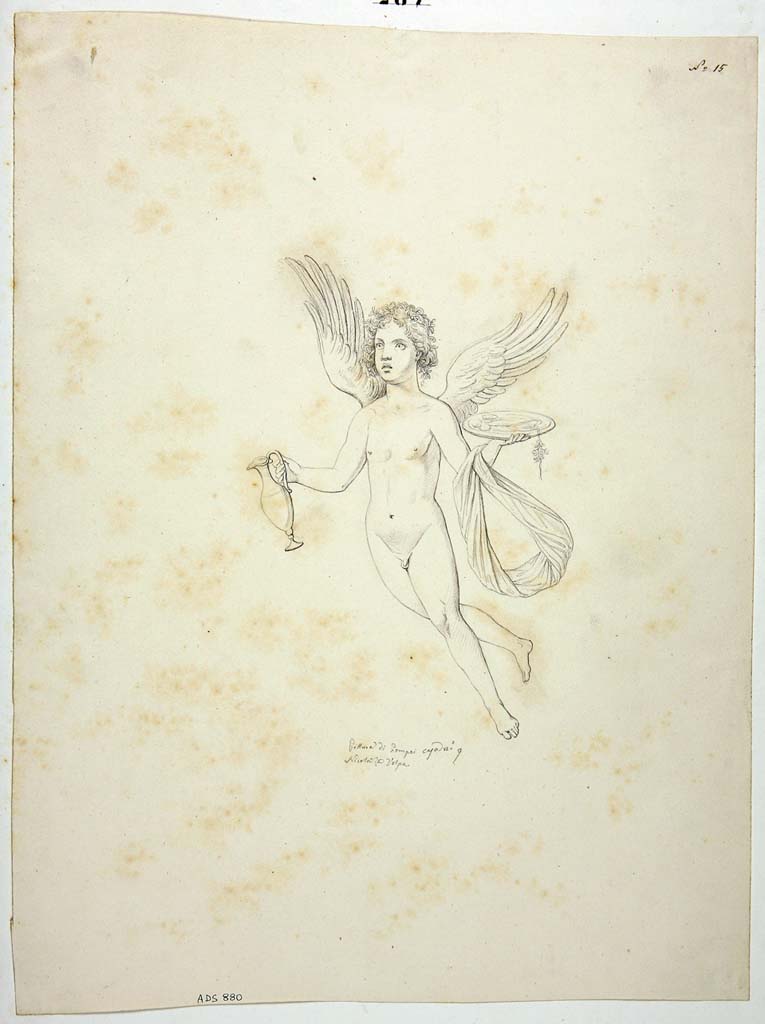VIII.4.34 Pompeii. Drawing by Nicola La Volpe, of painting of Cupid in flight carrying a jug (urceo) and plate (patera).
This was seen on an unknown wall in the tablinum. 
See Carratelli, G. P., 1990-2003. Pompei: Pitture e Mosaici: Vol. VIII.  Roma: Istituto della enciclopedia italiana, p. 541.
Now in Naples Archaeological Museum. Inventory number ADS 880.
Photo � ICCD. http://www.catalogo.beniculturali.it
Utilizzabili alle condizioni della licenza Attribuzione - Non commerciale - Condividi allo stesso modo 2.5 Italia (CC BY-NC-SA 2.5 IT)
