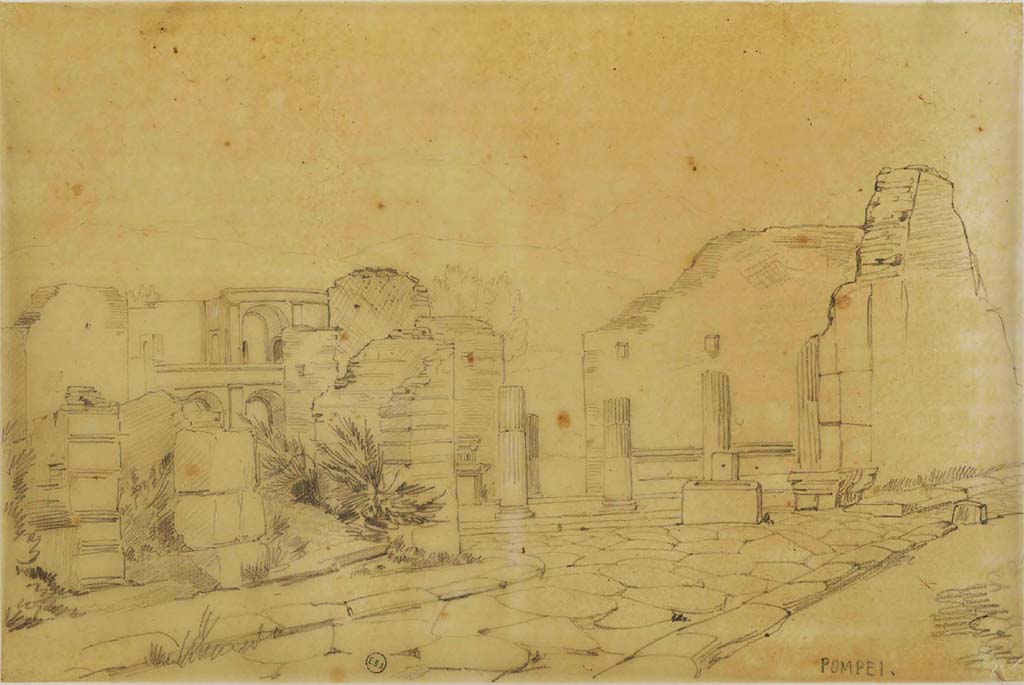 VIII.4.41 and 40, Pompeii, (on left). Sketch by Jean-Baptiste Ciceron Lesueur (1794-1883).
Looking south from Via dei Teatri towards entrance of Triangular Forum with fountain outside.
See Lesueur, Jean-Baptiste Ciceron. Voyage en Italie de Jean-Baptiste Ciceron Lesueur (1794-1883), pl. 67.
See Book on INHA reference INHA NUM PC 15469 (04) « Licence Ouverte / Open Licence » Etalab