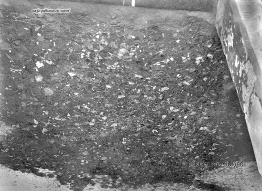 VIII.5.2 Pompeii. C.1930. Room 4, flooring of cocciopesto with irregular flakes of limestone.
DAIR 40.390. Photo © Deutsches Archäologisches Institut, Abteilung Rom, Arkiv.
See Pernice, E. 1938. Pavimente und Figürliche Mosaiken: Die Hellenistische Kunst in Pompeji, Band VI. Berlin: de Gruyter,
(described as “room 9”, and see tav. 14.6, above.)