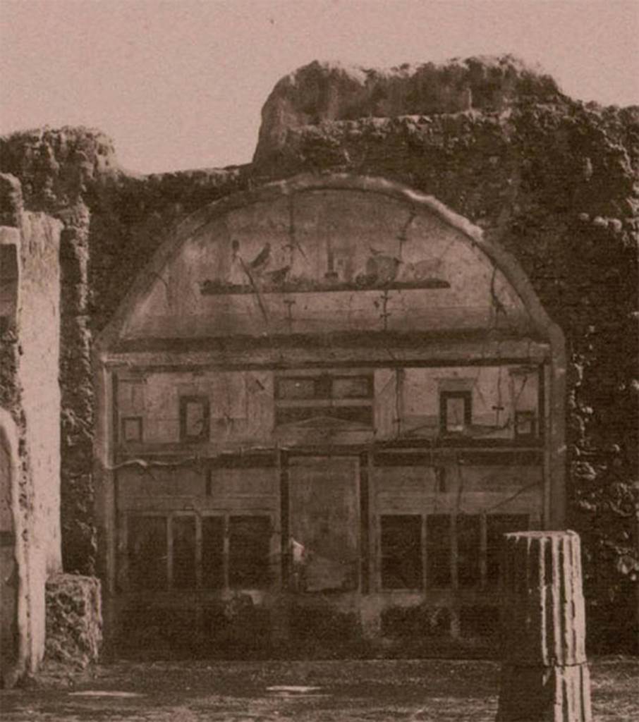 VIII.5.2 Pompeii. Detail from c.1870 photograph.
Room 8, painted plaster on the south wall of an oecus, at rear of peristyle garden.