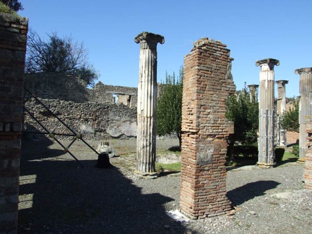 VIII.5.2 Pompeii. March 2009. Looking west from Room 13, Large Triclinium, towards the South Portico and Garden area. The columns of the North and East Portico were still standing when excavated, but two were missing on the South Portico. All of the columns of the West Portico were missing. See Jashemski, W. F., 1993. The Gardens of Pompeii, Volume II: Appendices. New York: Caratzas. p.216
