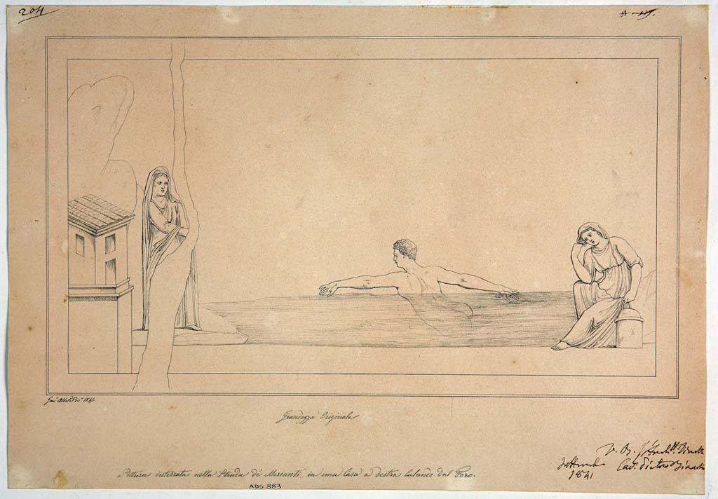 VIII.5.5 Pompeii. Room 31, north end of east wall of cubiculum.
Drawing by Giuseppe Abbate, 1841, of painting of Hero and Leander which has now completely faded and disappeared.
Now in Naples Archaeological Museum. Inventory number ADS 883.
Photo © ICCD. http://www.catalogo.beniculturali.it
Utilizzabili alle condizioni della licenza Attribuzione - Non commerciale - Condividi allo stesso modo 2.5 Italia (CC BY-NC-SA 2.5 IT)