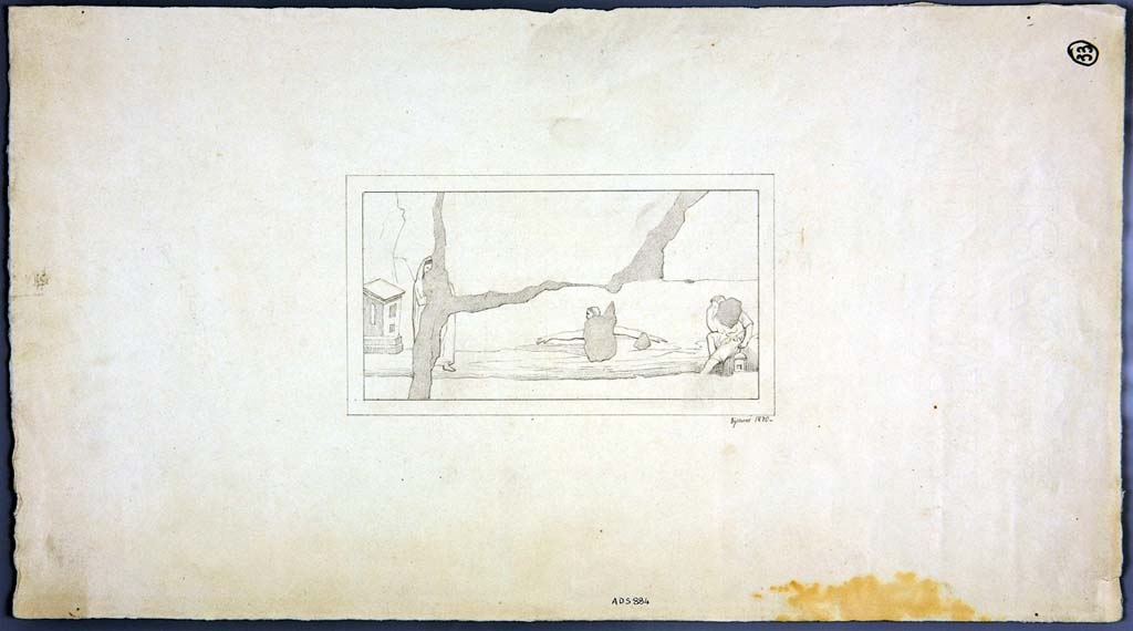 VIII.5.5 Pompeii. Room 31, north end of east wall of cubiculum.
Drawing by Geremia Discanno, 1870, of remains of painting of Hero and Leander but which has now completely disappeared.
Now in Naples Archaeological Museum. Inventory number ADS 884.
Photo © ICCD. http://www.catalogo.beniculturali.it
Utilizzabili alle condizioni della licenza Attribuzione - Non commerciale - Condividi allo stesso modo 2.5 Italia (CC BY-NC-SA 2.5 IT)