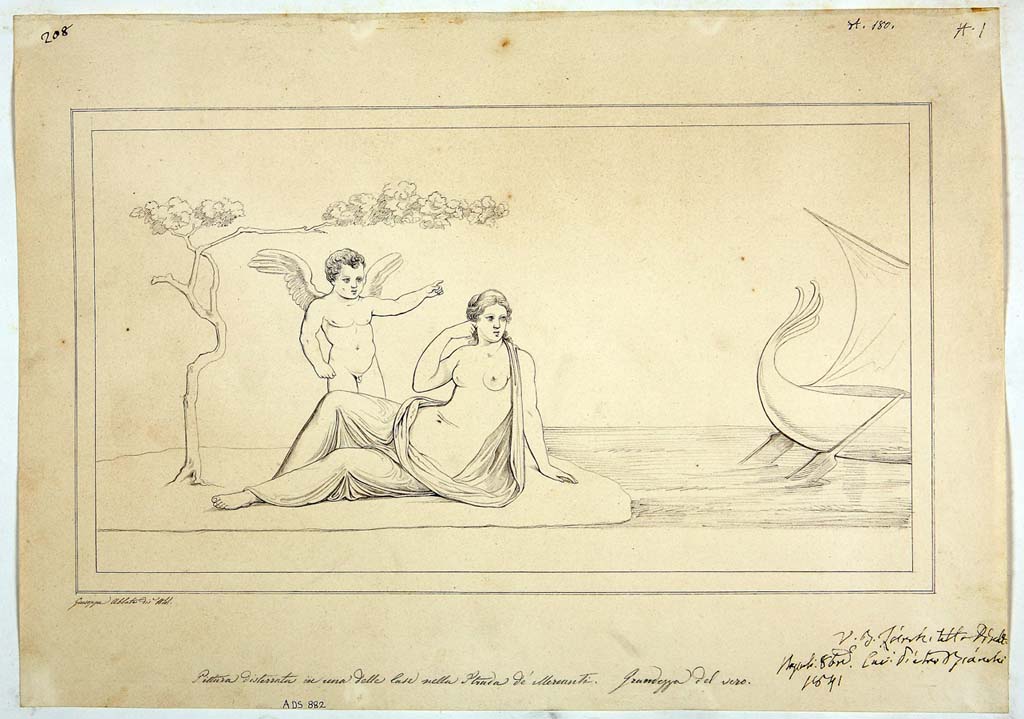 VIII.5.5 Pompeii. ADS 882. Room 31, south end of west wall of cubiculum.
Drawing by Giuseppe Abbate, 1841, of painting of Ariadne abandoned by Theseus, now faded and destroyed.
Now in Naples Archaeological Museum. Inventory number ADS 882.
Photo © ICCD. http://www.catalogo.beniculturali.it
Utilizzabili alle condizioni della licenza Attribuzione - Non commerciale - Condividi allo stesso modo 2.5 Italia (CC BY-NC-SA 2.5 IT)