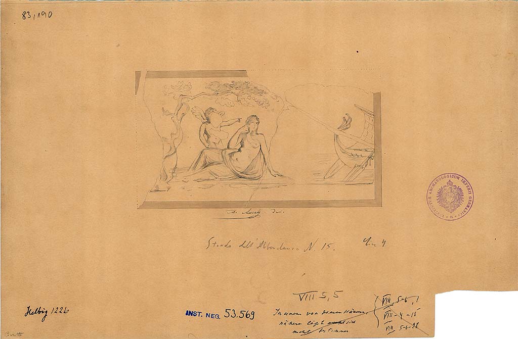 VIII.5.5 Pompeii. Sketch by A. Aurelj of Ariadne abandoned by Theseus, from south end of west wall of cubiculum.
DAIR 83.190. Photo © Deutsches Archäologisches Institut, Abteilung Rom, Arkiv.