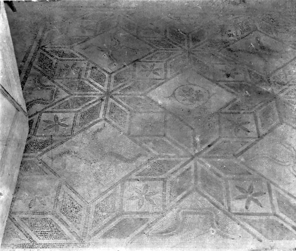 VIII.5.15 Pompeii. c.1930. Room 9, black and white mosaic in cubiculum.
See Blake, M., (1930). The pavements of the Roman Buildings of the Republic and Early Empire. Rome, MAAR, 8, (p.90 & Pl.34, tav.2).