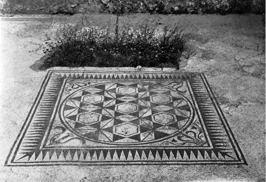 VIII.5.16 Pompeii. c.1930. Central motif with six-pointed stars, from a mosaic floor in an unidentified room, perhaps, room 1 the large triclinium.
See Blake, M., (1930). The pavements of the Roman Buildings of the Republic and Early Empire. Rome, MAAR, 8, (p.107,115, & Pl.39, tav.2).