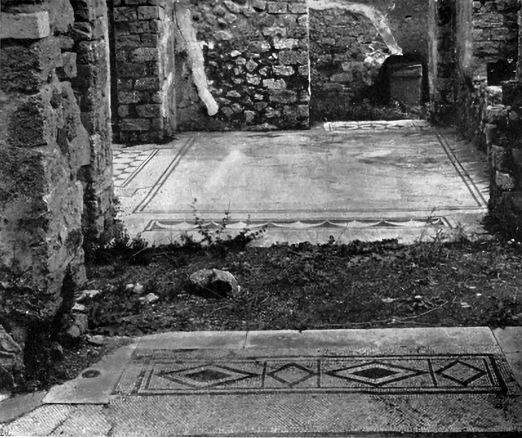 VIII.5.16 Pompeii. c.1930.
Looking east across from doorway of large triclinium (1) across corridor (2) towards doorway to anteroom of room 3.
The flooring was white with a border of two black lines. In the doorway to corridor 2, was a threshold with peltae.
See Blake, M., (1930). The pavements of the Roman Buildings of the Republic and Early Empire. Rome, MAAR, 8, (p.107,115,119 & Pl.33, tav.2).