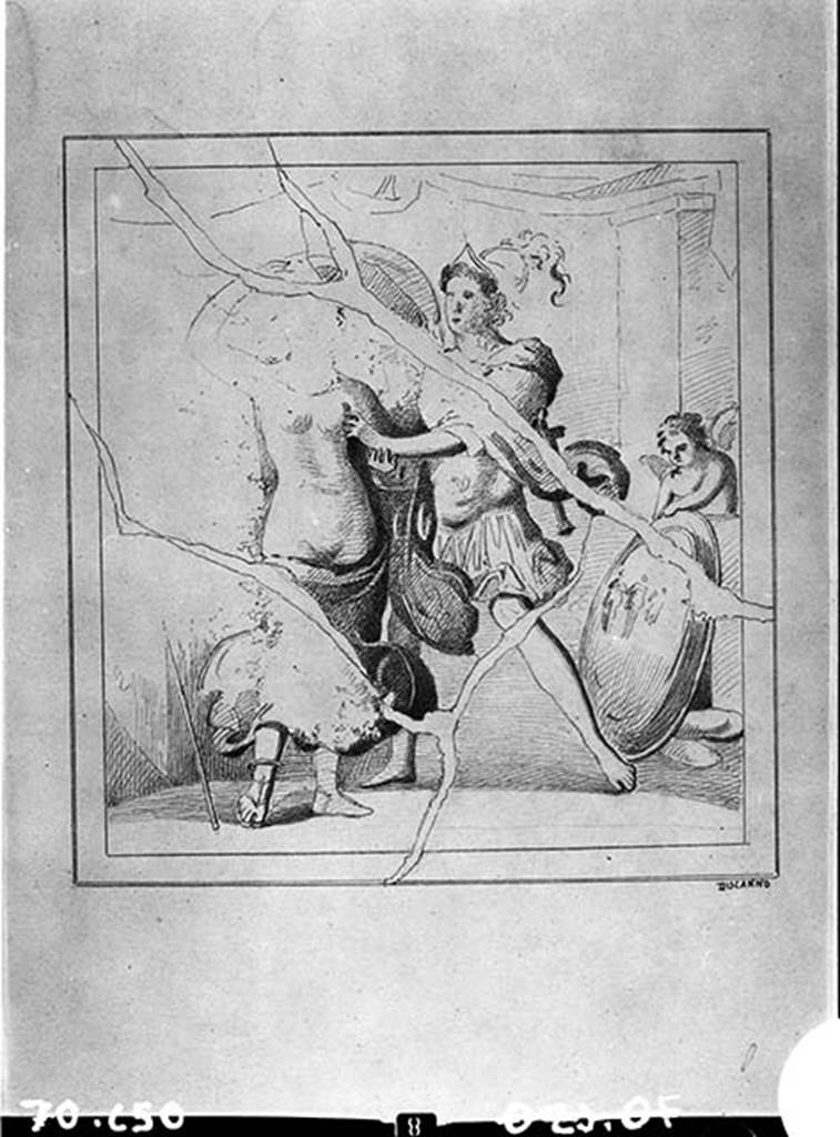 VIII.5.16 Pompeii. Room 6, central panel of east wall of summer triclinium.
Drawing by G. Discanno of painting of Mars and Venus.
A cupid in the background plays with the large shield and the greaves.
See Carratelli, G. P., 1990-2003. Pompei: Pitture e Mosaici: Vol. VIII. Roma: Istituto della Enciclopedia Italiana, p. 598.
DAIR 70.650. Photo © Deutsches Archäologisches Institut, Abteilung Rom, Arkiv. See http://arachne.uni-koeln.de/item/marbilderbestand/2965224