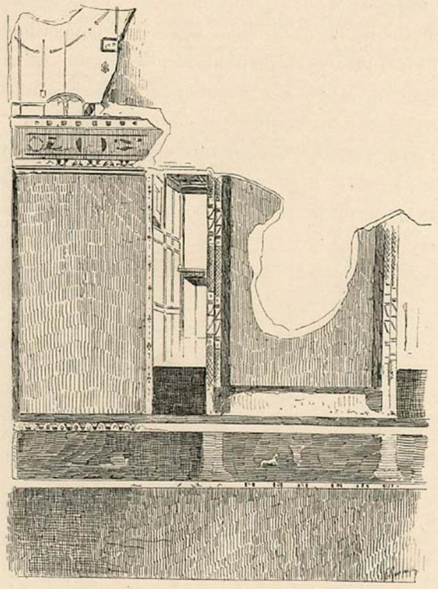 VIII.5.16 Pompeii. Room 7, detail from east side of south wall.
1899 drawing published by Pierre Gusman.
According to Gusman, this is a third style decoration. Egyptian variety. Brown and black railing, yellow fillets, azure blue panels, yellow and white frieze, light green columns.
(Variété égyptienne. Cimaise brune et noire, filets jaune, panneaux bleu azur, frise jaune et blanche, colonnes vert clair.)
See Gusman P., 1899. Pompéi: La Ville, Les Mœurs, Les Arts. Paris: Société française d'éditions d'art, p.369.
See Carratelli, G. P., 1990-2003. Pompei: Pitture e Mosaici: Vol. VIII. Roma: Istituto della Enciclopedia Italiana, p. 592.