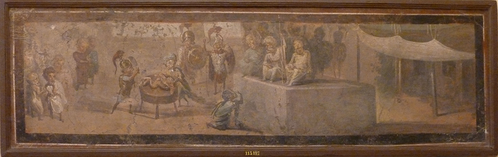 VIII.5.24 Pompeii. Wall painting of Pygmies acting the Judgement of Solomon.
From a low wall connecting peristyle columns in VIII.5.24.
Now in Naples Archaeological Museum. Inventory number 113197.