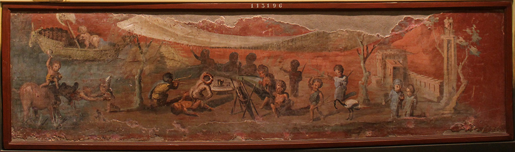 VIII.5.24 Pompeii. March 2014. Wall painting of Nile banquet scene with pygmies or a parody of the story of Jonah.
From a low wall connecting peristyle columns in VIII.5.24.
Now in Naples Archaeological Museum. Inventory number113196.
Foto Annette Haug, ERC Grant 681269 DÉCOR.
