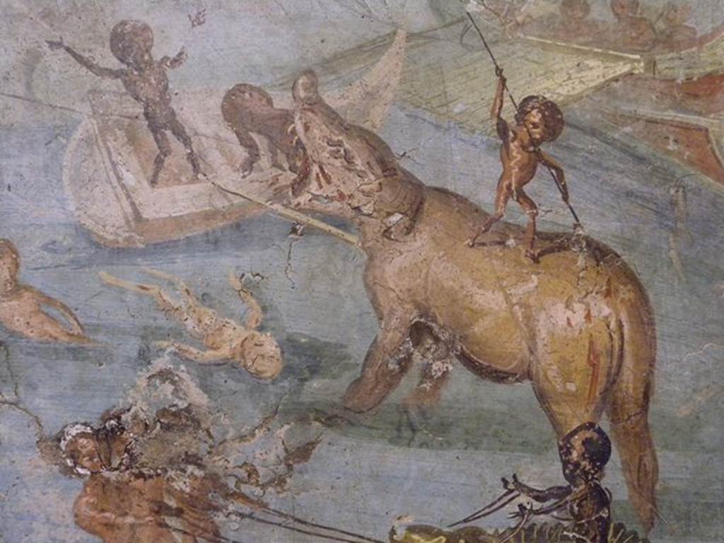 VIII.5.24 Pompeii. Detail from a wall painting of Pygmies in a Nile Scene. From a low wall connecting peristyle columns in VIII.5.24.
Now in Naples Archaeological Museum. Inventory number 113195.