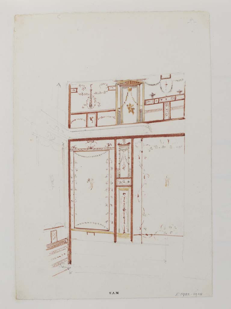 VIII.5.28 Pompeii. c.1840.
Painting by James William Wild of east wall in a corner of a small room, 11.5 x 11 wide.
Photo © Victoria and Albert Museum, inventory number E.3982-1938.