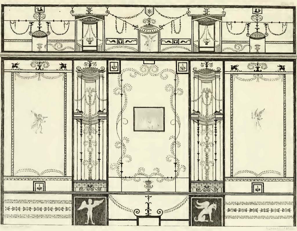 VIII.5.28 Pompeii. Room 7, described by Gell, as the side of a cubiculum in the House of Fuscus, painted with a beautiful light tracery on a white background.
See Gell, W, 1832. Pompeiana: Vol 1. London: Jennings and Chaplin, (p.3 and Plate III)