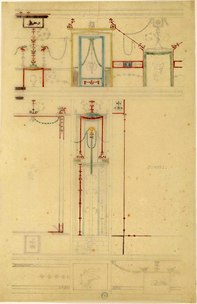 VIII.5.28 Pompeii. Room 7, undated watercolour painting of west end of north wall?
See Lesueur, Jean-Baptiste Ciceron. Voyage en Italie de Jean-Baptiste Ciceron Lesueur (1794-1883), pl. 94.
See Book on INHA reference INHA NUM PC 15469 (04) « Licence Ouverte / Open Licence » Etalab