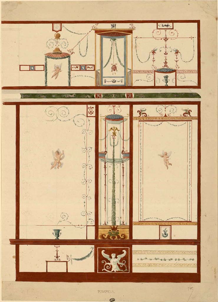 VIII.5.28 Pompeii. Between 1823 and 1828. Room 7, painting by F. Duban of east end of north wall?
See Duban F. Album de dessins d'architecture effectués par Félix Duban pendant son pensionnat à la Villa Medicis, entre 1823 et 1828 : Tome 2, Pompéi, pl. 40.
INHA Identifiant numérique NUM PC 40425 (2)
https://bibliotheque-numerique.inha.fr/idurl/1/7157 « Licence Ouverte / Open Licence » Etalab