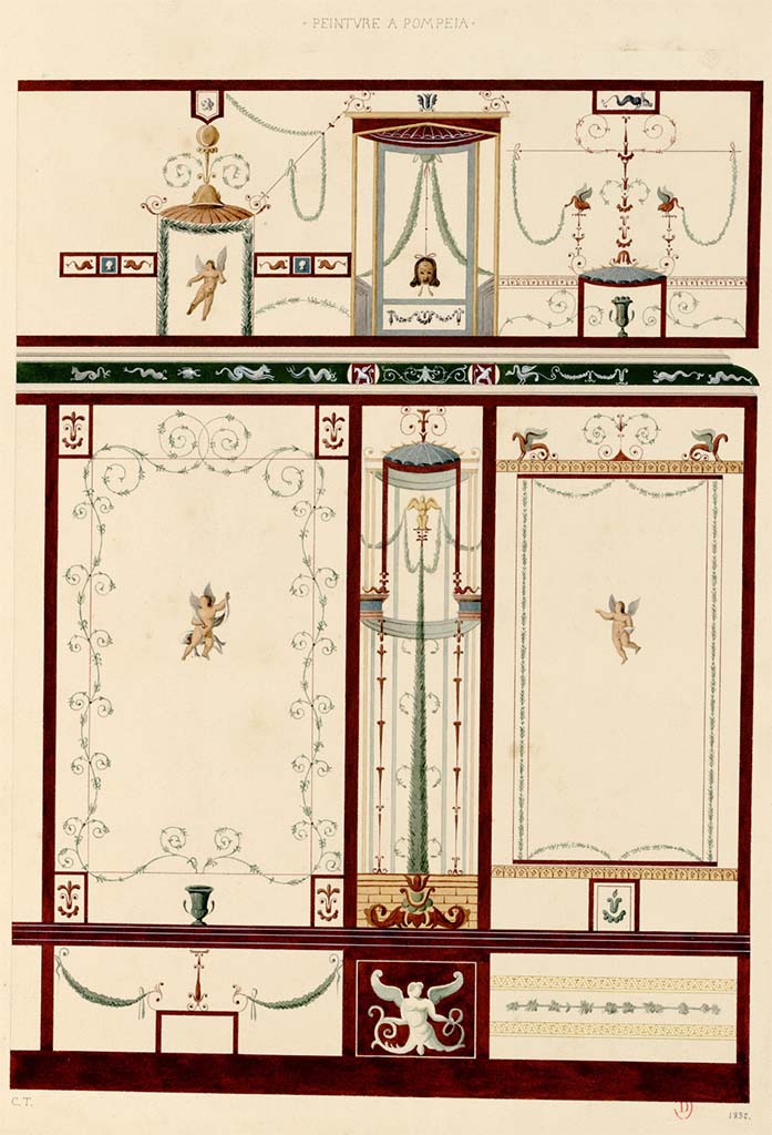 VIII.5.28 Pompeii. Room 7, 1832 painting by J.B. Plantar, of east end of north wall?
See Plantar, Jean-Baptiste (1790-1879) Album de dessins d'architecture et d'art décoratif, p. 13.
INHA Identifiant numérique : NUM MS 675. See Book on INHA
Document placé sous « Licence Ouverte / Open Licence » Etalab