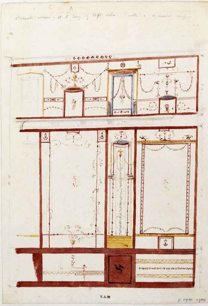 VIII.5.28 Pompeii. c.1840. Room 7.
Painting by James William Wild of a wall (possibly the north wall) in a small room, 11.5 x 11 wide, with segmental roof.
Photo © Victoria and Albert Museum, inventory number E.3981-1938.