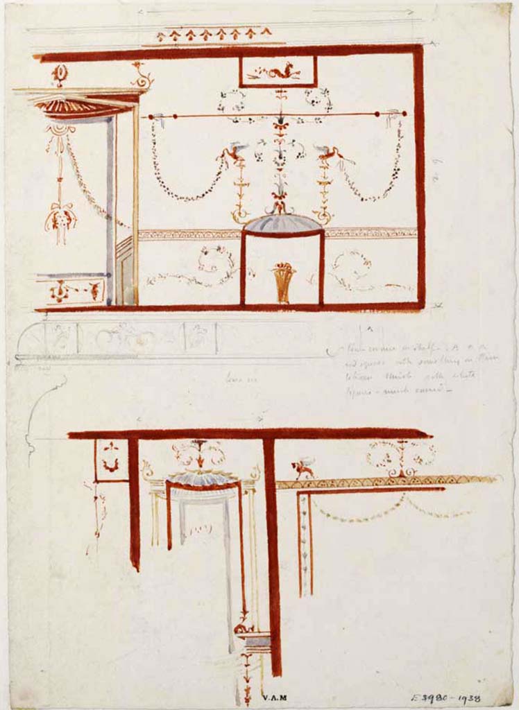 VIII.5.28 Pompeii. c.1840. Room 7. Painting by James William Wild showing detail from the north in a small room.
Photo © Victoria and Albert Museum, inventory number E.3980-1938.
(Written in pencil on the painting
“Low cornice or shelf running from AAA and squares with something on them between bluish and white figures, much ruined.”)
