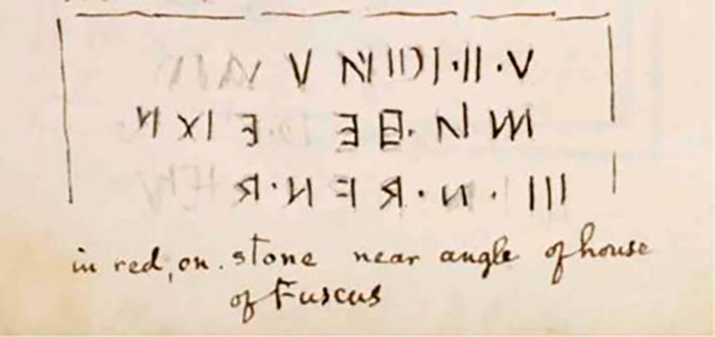 VIII.5.31 Pompeii. c.1830. Drawing by Gell of wording in red, on stone near angle (corner?) of house of Fuscus.
See Gell, W. Sketchbook of Pompeii, c.1830.
See book from Van Der Poel Campanian Collection on Getty website http://hdl.handle.net/10020/2002m16b425