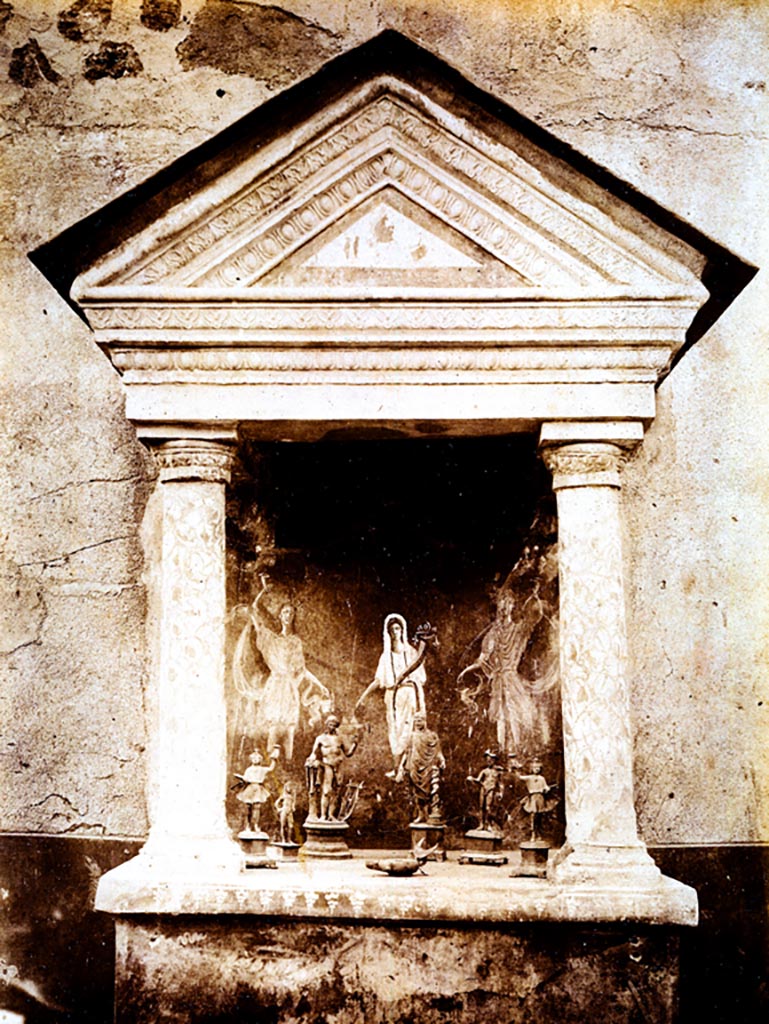 VIII.5.37 Pompeii. 19th century photo numbered 5239.
Lararium showing Genius, the Lares, statuettes and lamp. Photo courtesy of Espen B. Andersson.