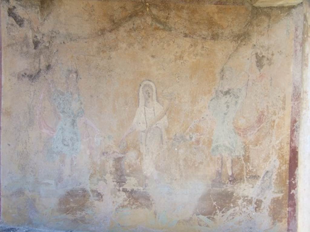 VIII.5.37 Pompeii. March 2009. Lararium painting of the Genius with Cornucopia and dressed in a toga making a sacrifice at the round altar.
On either side are two Lares dressed in blue tunics.